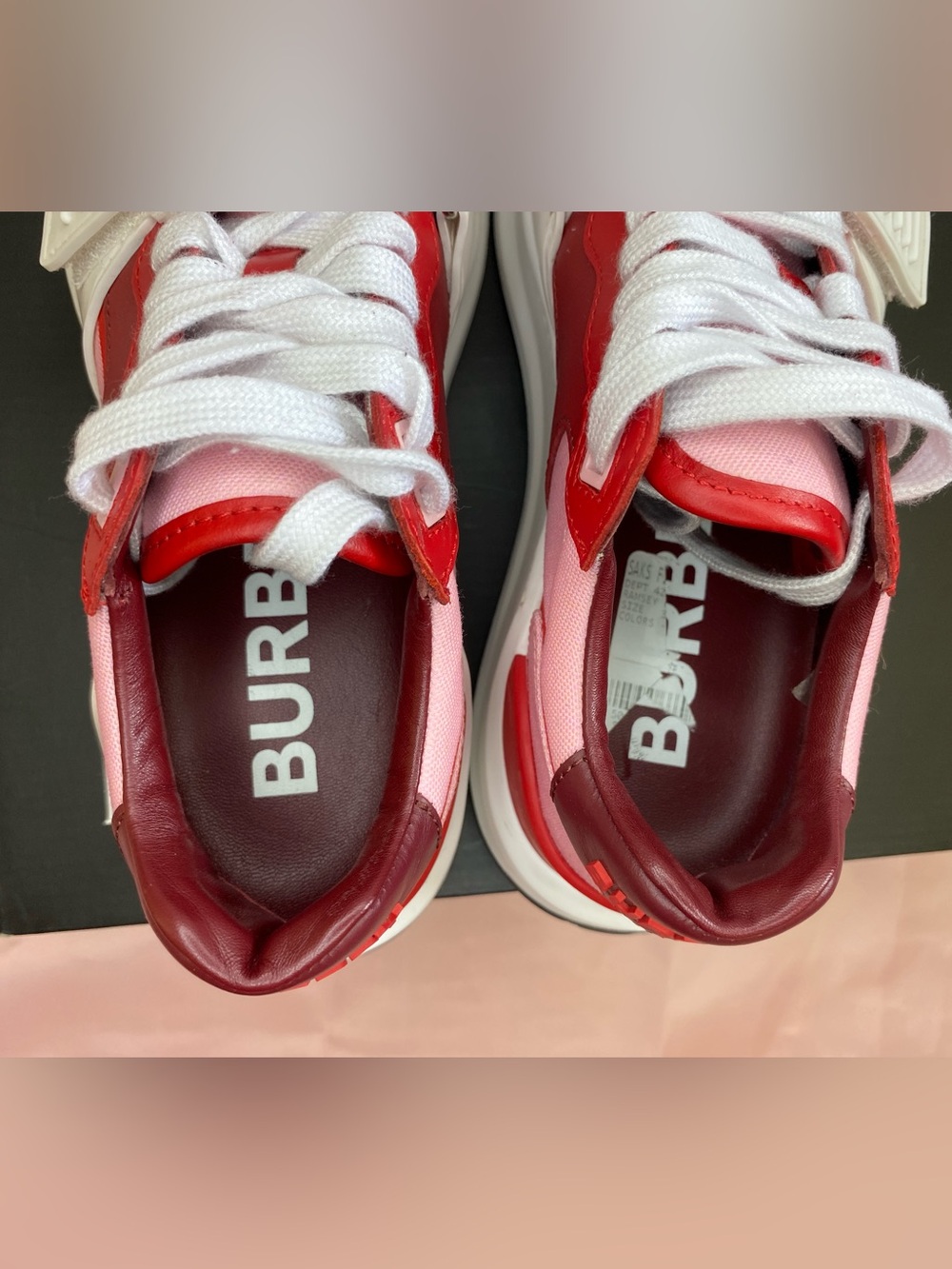 BURBERRY Red and Pink Lace-Up Strap Sneakers - Picture 7 of 15